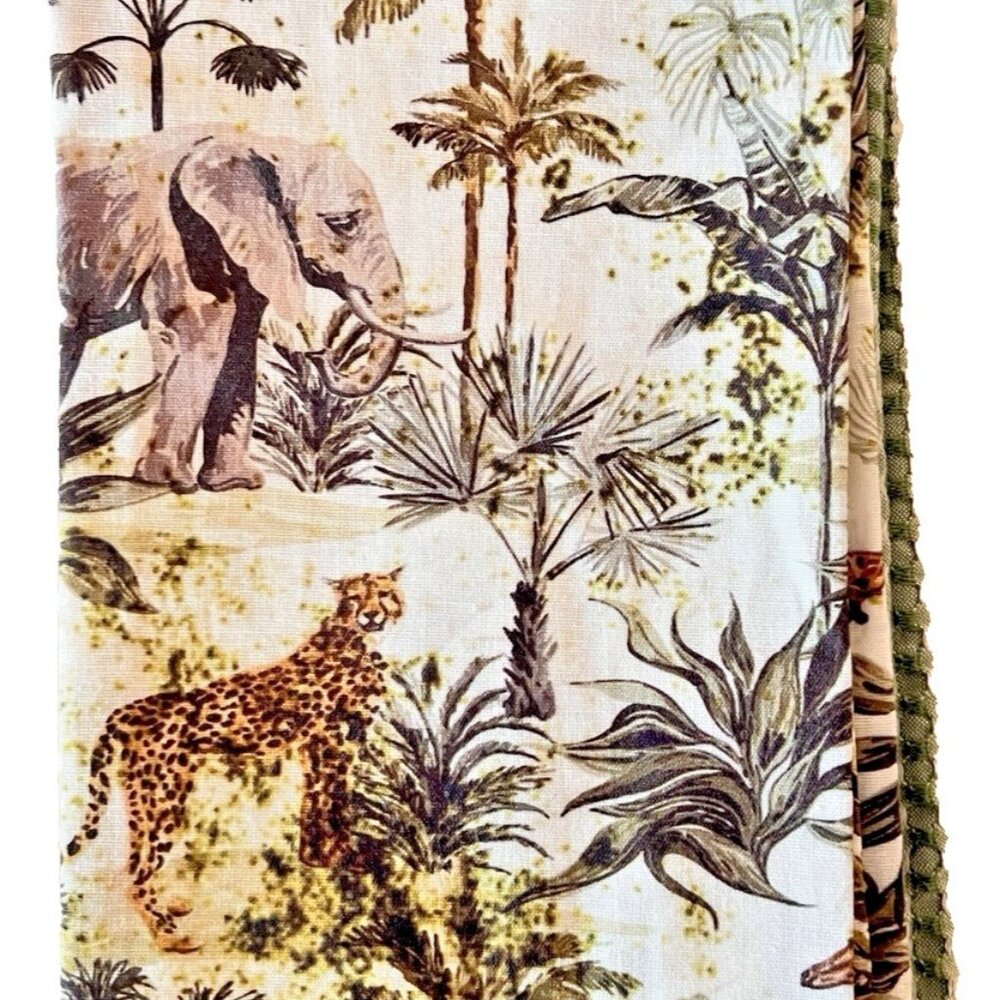 NEW Set 2 Kitchen Towels JUNGLE ANIMALS & Green Check MAISON HOME 100% Cotton